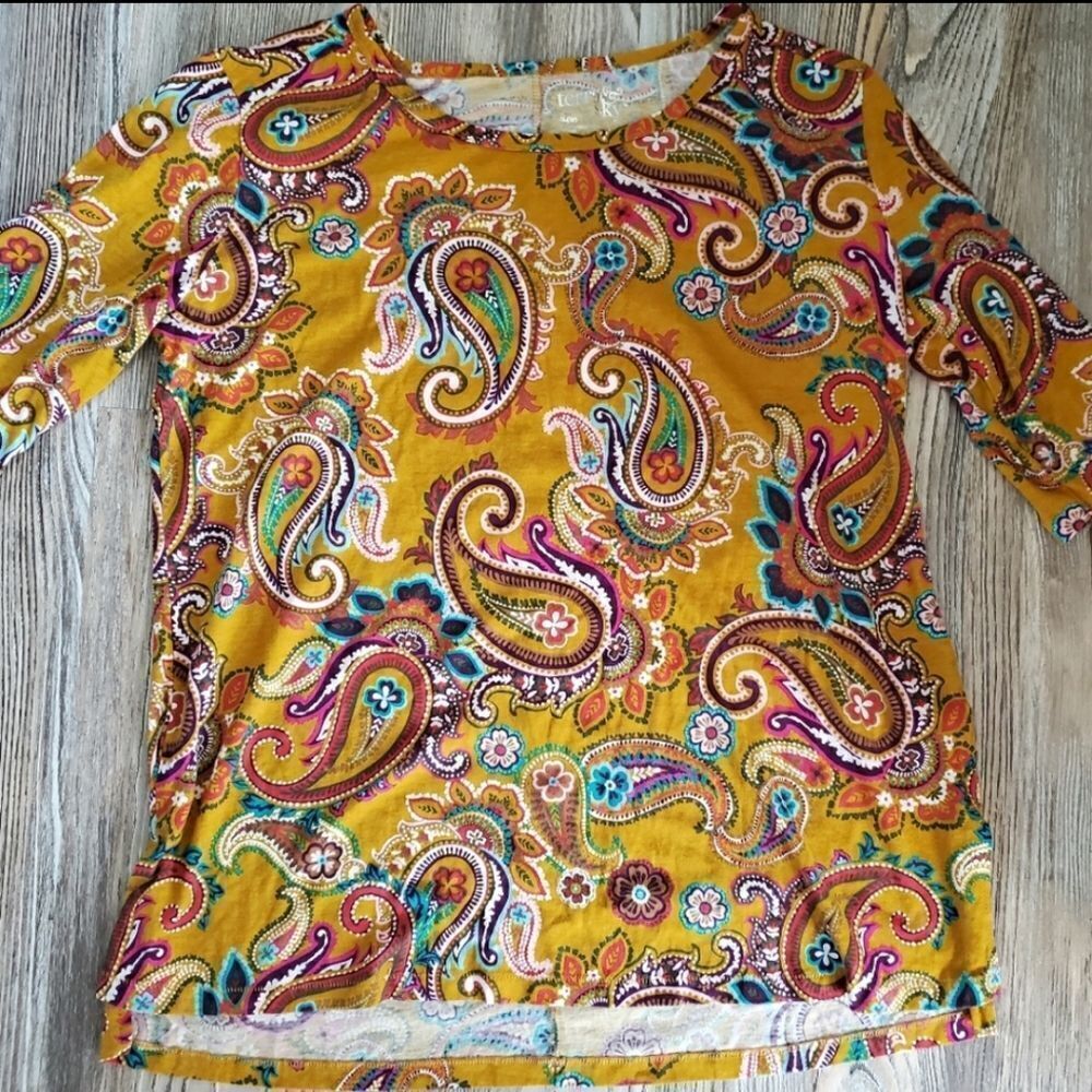 EUC Terra & Sky Yellow Print 3/4 Sleeve Stretchy Scoop Neck Tee Sz 14W - Picture 1 of 3